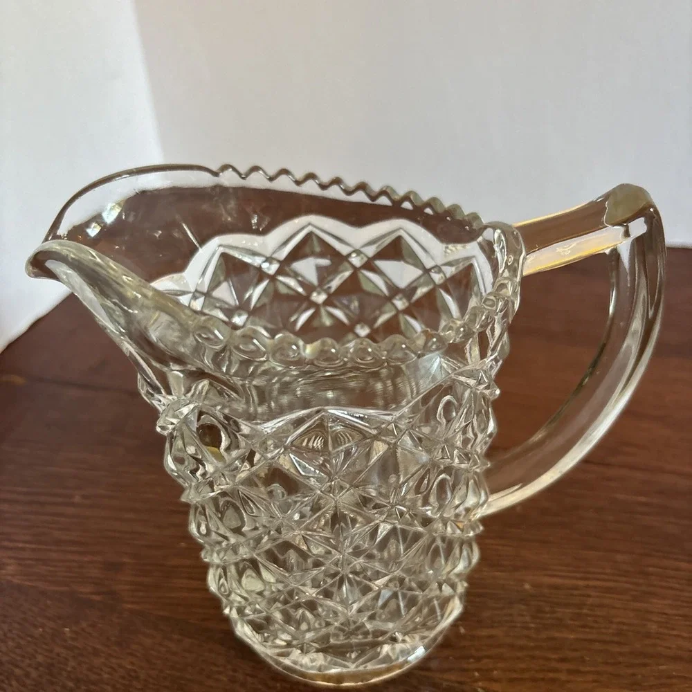 Vintage Pressed Glass Pitcher Diamond Point Sawtooth Pattern Scalloped Rim 5.5in